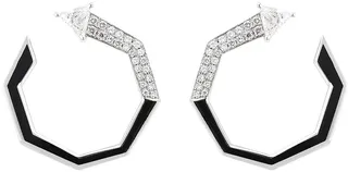 V 18k White Gold Black Enamel Diamond Faceted Hoop Earrings