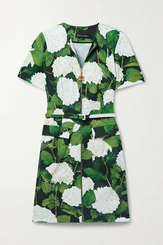 Oscar de la Renta - Belted Floral-print Cotton-blend Stretch-twill Mini Dress - Green