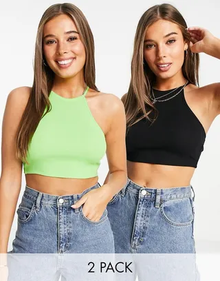 Miss Selfridge 2 pack sleeveless strappy back halter neck crop top in black and green