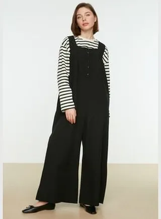 Black Thick Straps, Button Detailed, Wide Leg, Woven Overalls TCTSS22TL0008