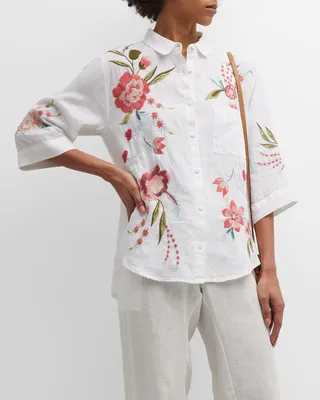 Joya Floral-Embroidered Button-Down Linen Shirt