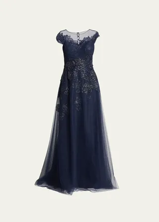 Cap-Sleeve Beaded Applique Tulle Gown