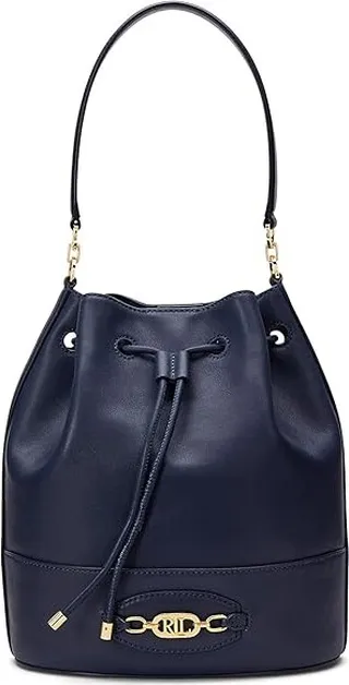 LAUREN Ralph Lauren Leather Large Andie Drawstring Bag (French Navy) Hobo Handbags
