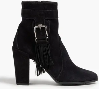 Buckled fringed suede ankle boots