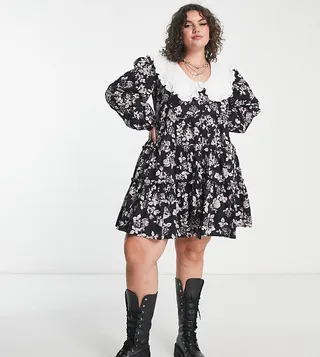 Reclaimed Vintage Plus printed mini dress with contrast collar in floral print