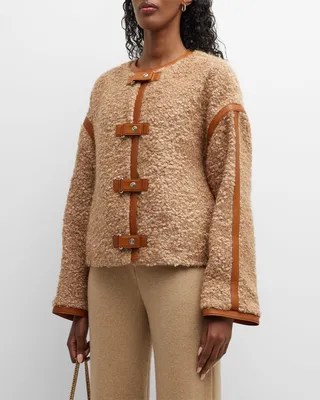 Buckle-Front Leather-Trim Cashmere Boucle Jacket