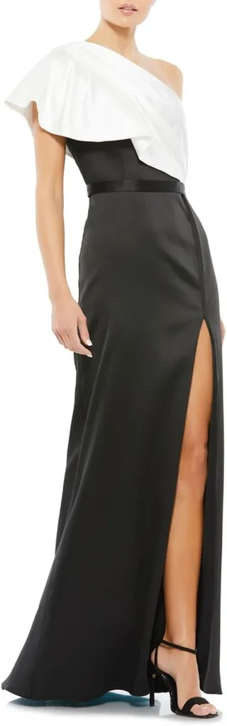 Colorblock One-Shoulder Satin Gown