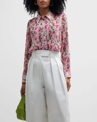 Floral Pleated Half-Button Blouse