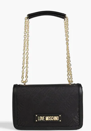 Faux leather-trimmed jacquard shoulder bag