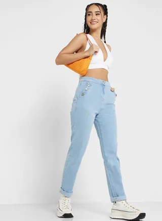 Straight Fit Trousers With Golden Buttons