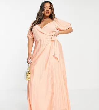 ASOS DESIGN Curve puff sleeve gathered front maxi dress in apricot - ORANGE
