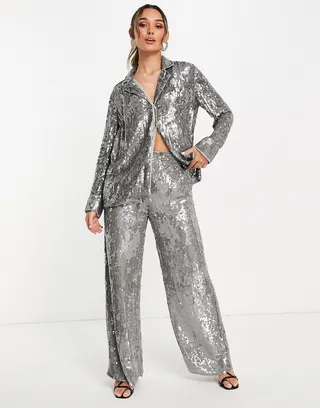 ASOS EDITION sequin pajama shirt in gray