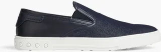 Denim and leather slip-on sneakers