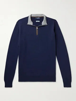 Suede-Trimmed Cashmere-Blend Half-Zip Sweater