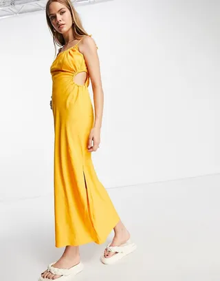 & Other Stories linen blend maxi dress with ruching and side cut-out in yellow