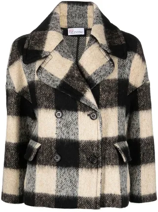 Check-Pattern Double-Breasted Coat