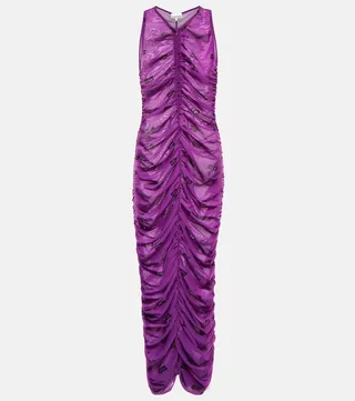 Printed ruched mesh midi dress