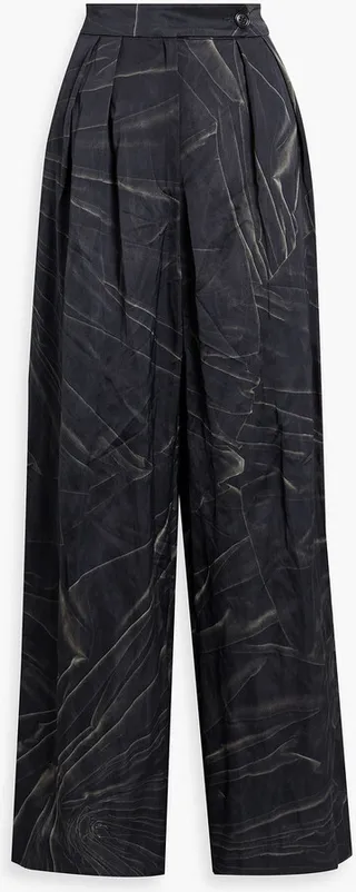 Pleated printed satin wide-leg pants