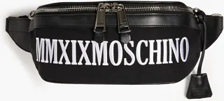 Leather-trimmed embroidered canvas belt bag
