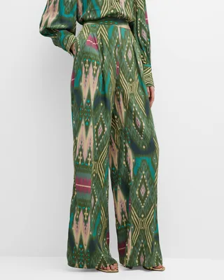 Bridgette Ikat-Print Pleated Wide-Leg Pants