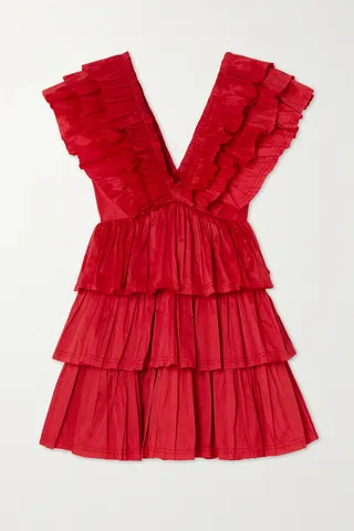 Aje - Rhythmic Frayed Ruffled Satin Mini Dress - Red