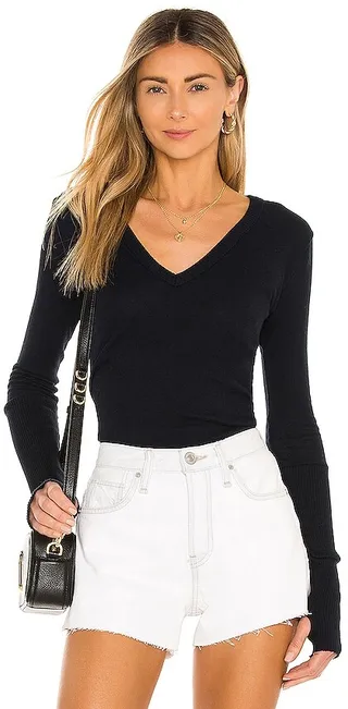 Cashmere Cuffed V Neck Long Sleeve Tee