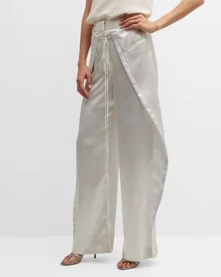 Metallic Front-Flap Wide-Leg Crepe Pants