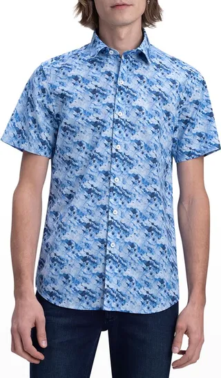 Men's Orson Shaped Short-Sleeve Linen Shirt - Watercolor