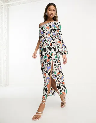 ASOS DESIGN one-shoulder cut-out midi dress in colored print
