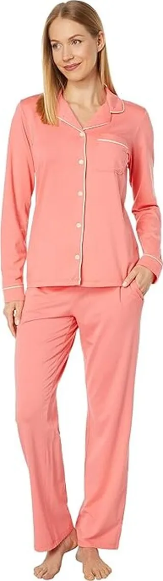 L.L.Bean Super Soft Shrink-Free Button Front Pajama Set (Peach Sherbet) Women's Pajama Sets