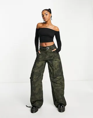 Monki off the shoulder long sleeve top in black
