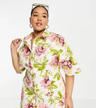ASOS DESIGN Curve twill mini shirt dress in white base pink floral print