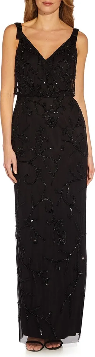 Floral Beaded Surplice V-Neck Gown