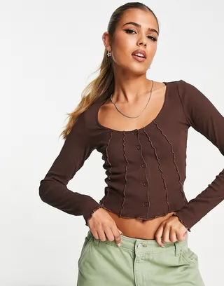 Monki ribbed overlock jersey cardigan in brown