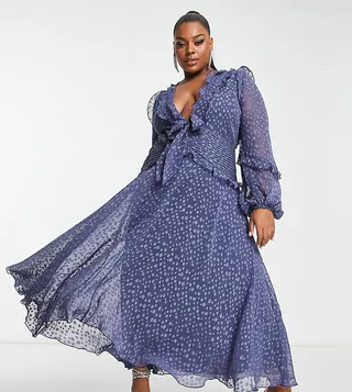 ASOS DESIGN Curve jacquard dot ruffle midi dress with tie front detail in cobalt blue