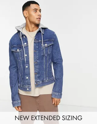 ASOS DESIGN skinny denim jacket in mid wash with detachable jersey hood