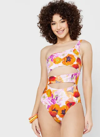 One Shoulder Floral Cut Out Swimsuit