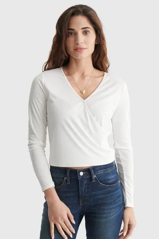 Long Sleeve Surplice Rib-Knit Top