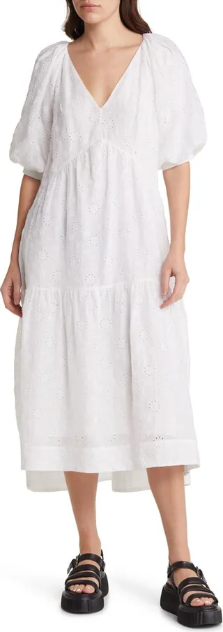 Puff Sleeve Eyelet Midi Dress