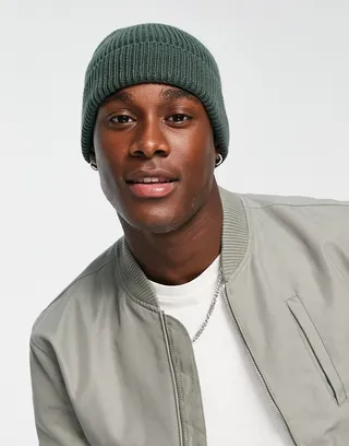 ASOS DESIGN fisherman ribbed beanie in olive