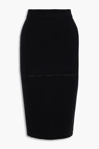 Logo jacquard-trimmed wool midi skirt