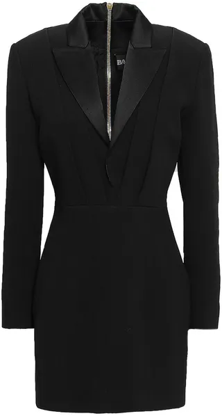 Satin-trimmed crepe mini tuxedo dress