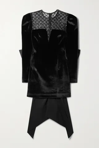 Rebecca Vallance - Bow-embellished Sequined Tulle-trimmed Velvet Mini Dress - Black