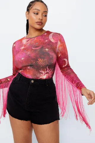 Nasty Gal Womens Plus Size Celestial Print Fringe Sleeve Bodysuit