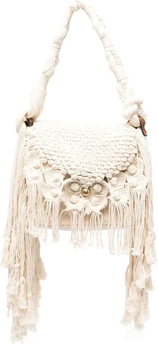 Beige Frayed Cotton Shoulder Bag