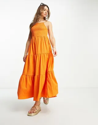 ASOS DESIGN square neck shirred maxi sundress in orange