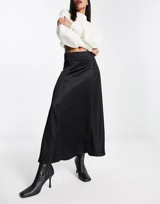 & Other Stories satin flared midi skirt in black