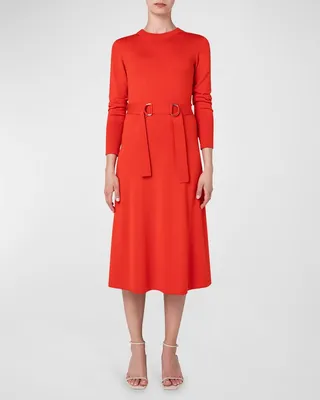 Belted Merino Wool Knit Midi Dress