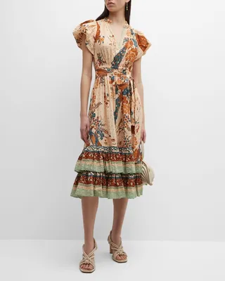 Remi Tie-Belt Printed Midi Poplin Dress