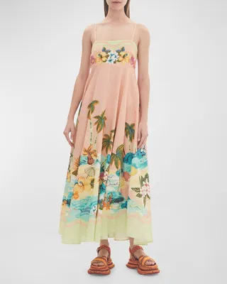 Mermaid Point Tropical-Print Midi Linen Dress